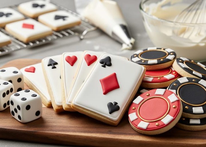Close-up of casino-themed sugar cookies on a wooden board—white playing-card cookies with red and black suit symbols, round poker chip cookies with subtle gold accents, and dice cookies—lit by soft window light with a blurred cooling rack, piping bag, and icing bowl in the background.