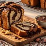 Chocolate-swirled loaf sliced on a wooden board beside a bowl of melted dark chocolate with scattered cacao beans and nibs in a warm, rustic kitchen setting