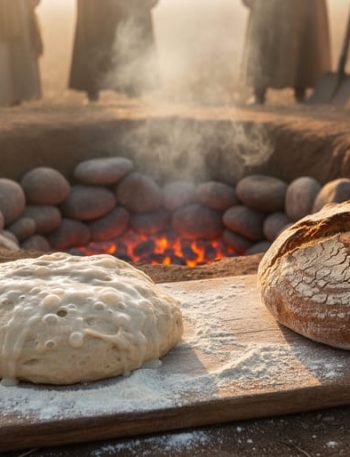 Ancient baking scene showing glowing stones in a clay oven pit and fresh dough prepared on a wooden board, with warm sunrise lighting and blurred grain sacks in the background.