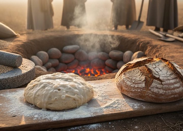 Ancient baking scene showing glowing stones in a clay oven pit and fresh dough prepared on a wooden board, with warm sunrise lighting and blurred grain sacks in the background.