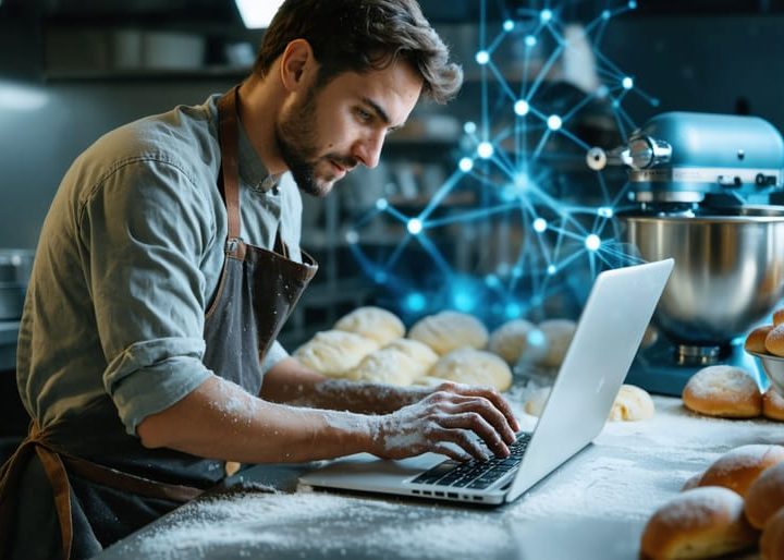 Baker in apron at stainless-steel table using a laptop beside a commercial mixer, subtle blue light trails symbolizing AI, blurred bakery racks and ovens in the background.