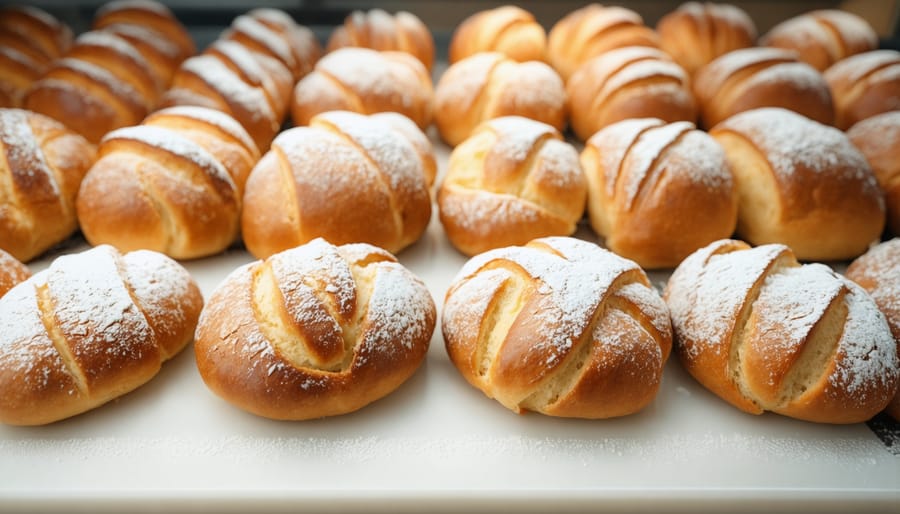 Baker working on laptop computer surrounded by fresh bread in bakery workspace