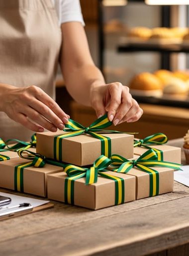 Baker in a small Brazilian bakery neatly arranging ribbon-tied cookie and cupcake boxes on a counter, with a phone and clipboard turned away, and the pastry case blurred behind.