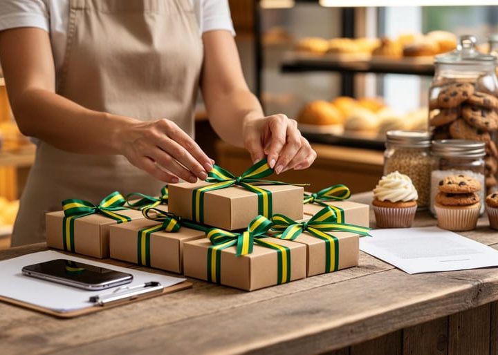 Baker in a small Brazilian bakery neatly arranging ribbon-tied cookie and cupcake boxes on a counter, with a phone and clipboard turned away, and the pastry case blurred behind.