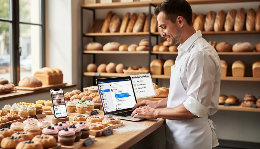 Baker using smartphone for social media promotion while decorating cupcakes