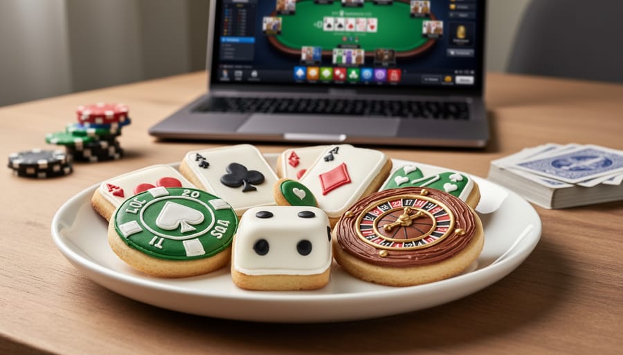 Poker chip decorated cookies on serving platter next to laptop during virtual game night