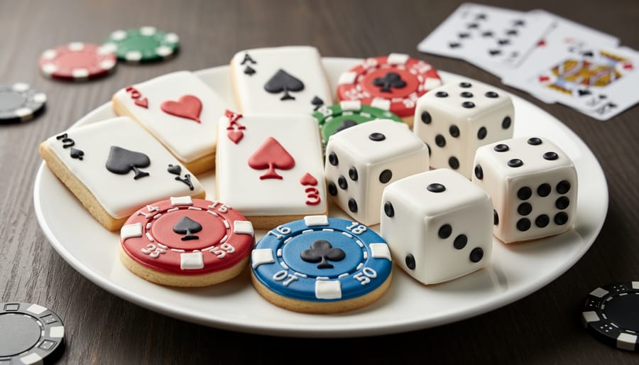 Overhead view of decorated casino sugar cookies featuring card suits, poker chips, and dice designs