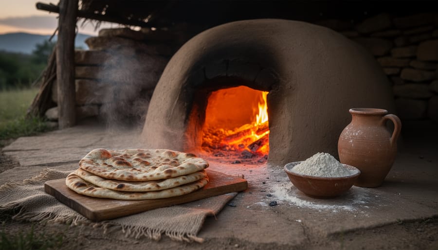 Outdoor clay oven with glowing fire and rustic flatbreads cooling on cloth beside a wooden baking peel.