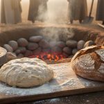 Ancient baking scene showing glowing stones in a clay oven pit and fresh dough prepared on a wooden board, with warm sunrise lighting and blurred grain sacks in the background.