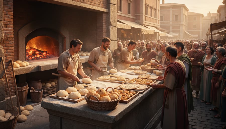Roman-era bakers at a stone oven selling round breads and pastry-like items at a cobblestone market.