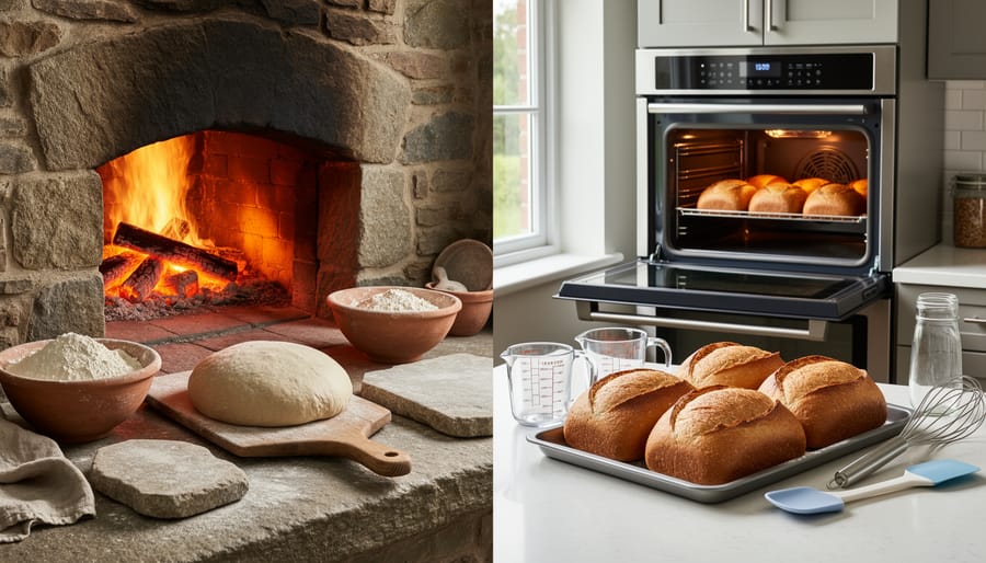 Modern baking workspace with cast-iron baking stone or skillet beside a contemporary baking tray and flour, with dough and cooling rack in view.