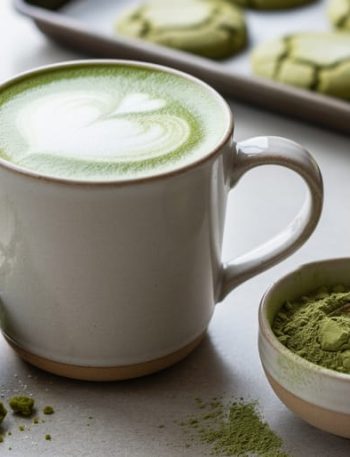 Ceremonial matcha latte in a mug with freshly baked green matcha cookies and a bowl of matcha powder on a countertop.
