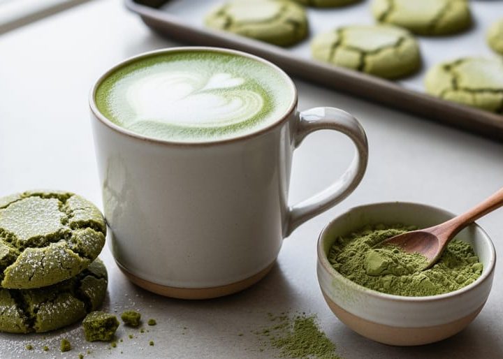 Ceremonial matcha latte in a mug with freshly baked green matcha cookies and a bowl of matcha powder on a countertop.