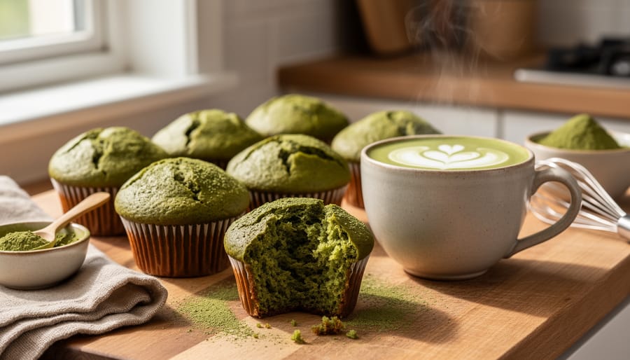 Ceremonial matcha latte muffins cooling on a rack beside a cup of matcha latte on a kitchen countertop.