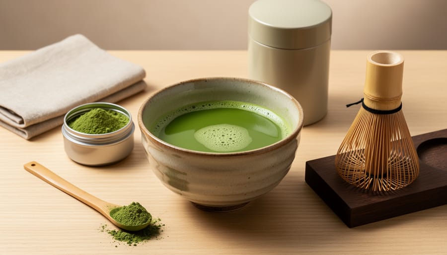 Ceremonial matcha tools including a ceramic bowl, bamboo whisk, sifter, and jar of green matcha powder on a countertop.