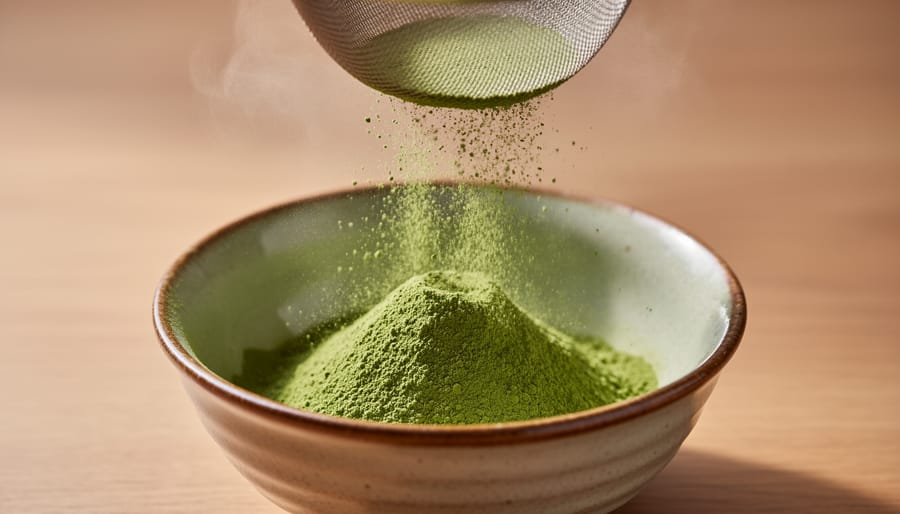 Close-up of ceremonial matcha powder being sifted through a fine mesh over a mixing bowl.