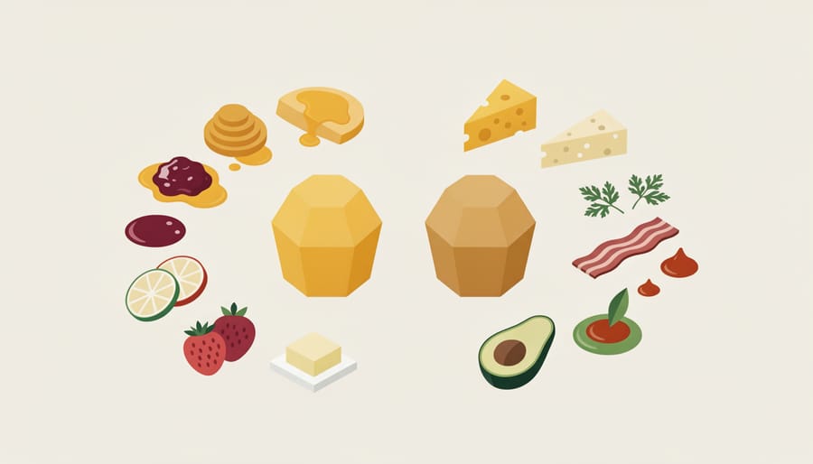 Corn muffins with assorted toppings including jam, whipped cream cheese, and herb-garlic butter in small bowls
