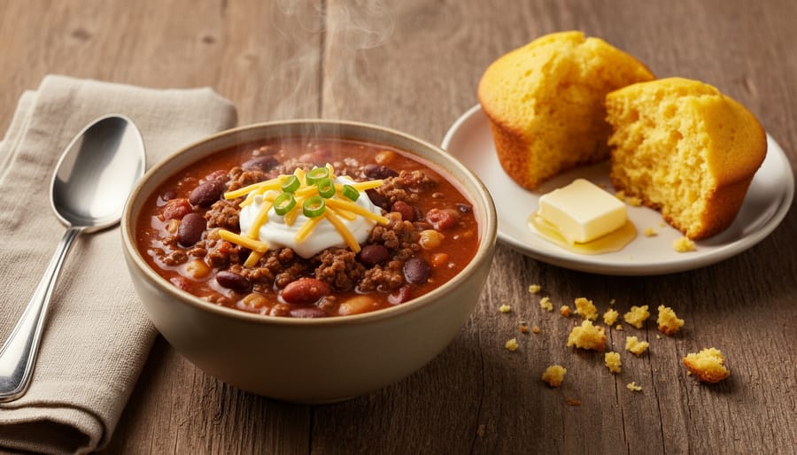 Chili in a bowl served with corn muffins on a side plate