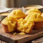 Golden corn muffins on a rustic wooden board with nearby bowls of chili and soup, photographed to emphasize the muffins’ crumbly texture.