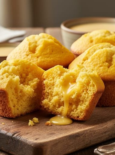Golden corn muffins on a rustic wooden board with nearby bowls of chili and soup, photographed to emphasize the muffins’ crumbly texture.
