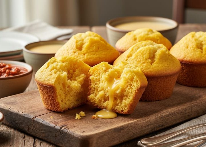 Golden corn muffins on a rustic wooden board with nearby bowls of chili and soup, photographed to emphasize the muffins’ crumbly texture.