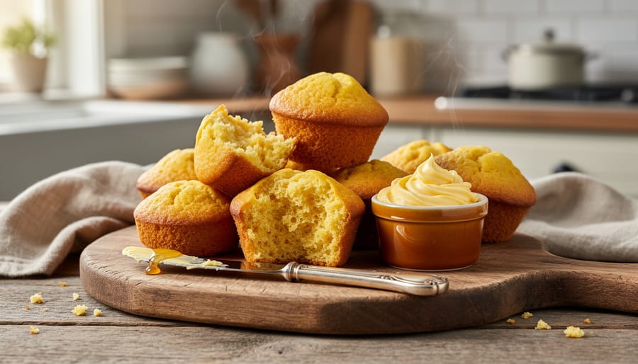 Warm corn muffins with honey butter being spread on a wooden board