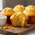 Golden yogurt corn muffins on a wooden board with a small ramekin of Greek yogurt and corn kernels nearby.