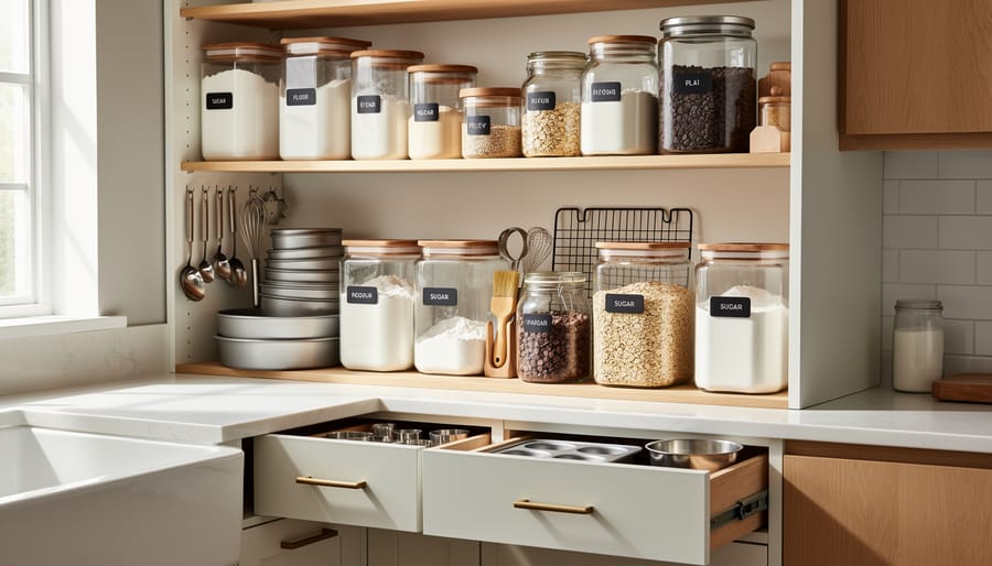 Baking pantry and drawers with neatly arranged flour and sugar containers, sheet-pan storage, and measuring tools.