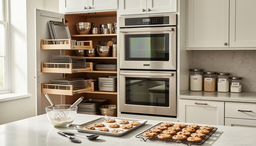 Modern kitchen with built-in wall ovens and nearby cabinetry for staged baking and prep.