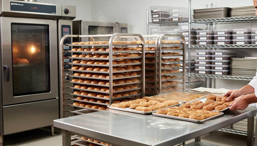Freshly baked goods cooling on wire racks next to a baking tray in a bright home kitchen.