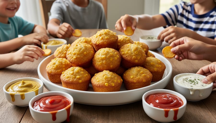 Family members holding a plate of mini corn dog muffins with dipping sauces