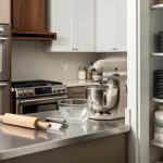 Organized home baker’s kitchen with double wall ovens, a stand mixer on a clear prep counter, baking sheets, and pantry storage for flour and baking tools.