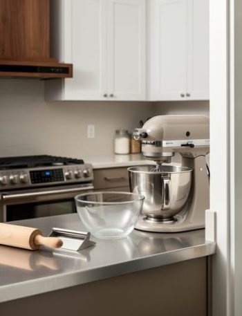 Organized home baker’s kitchen with double wall ovens, a stand mixer on a clear prep counter, baking sheets, and pantry storage for flour and baking tools.