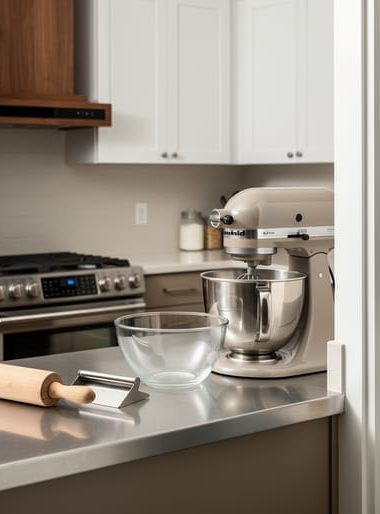 Organized home baker’s kitchen with double wall ovens, a stand mixer on a clear prep counter, baking sheets, and pantry storage for flour and baking tools.