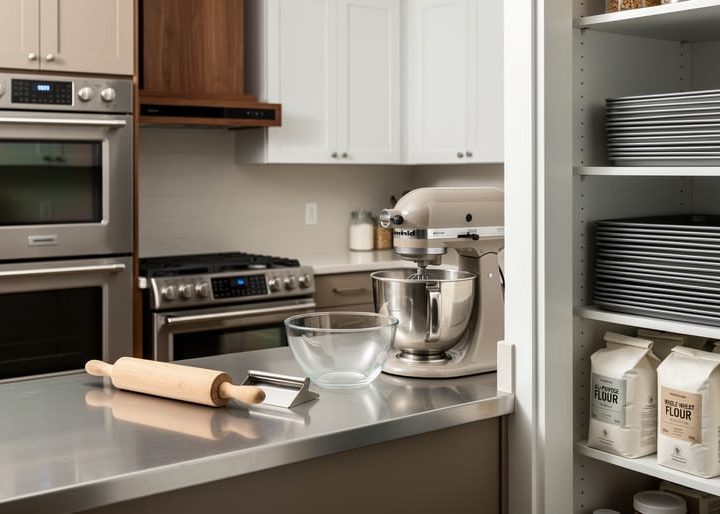 Organized home baker’s kitchen with double wall ovens, a stand mixer on a clear prep counter, baking sheets, and pantry storage for flour and baking tools.