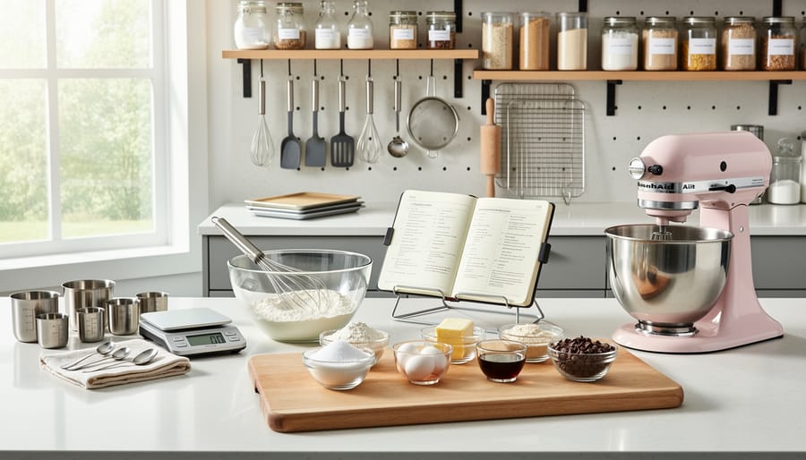 Stand mixer and baking tools on a flour-dusted kitchen counter with bowls and a recipe notebook in a bright home bakery kitchen.