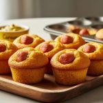 Warm mini corn dog muffins on a wooden tray with ketchup and mustard beside them, showing golden crispy tops.