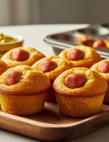 Warm mini corn dog muffins on a wooden tray with ketchup and mustard beside them, showing golden crispy tops.