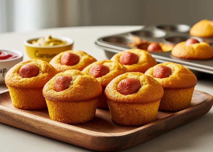 Warm mini corn dog muffins on a wooden tray with ketchup and mustard beside them, showing golden crispy tops.
