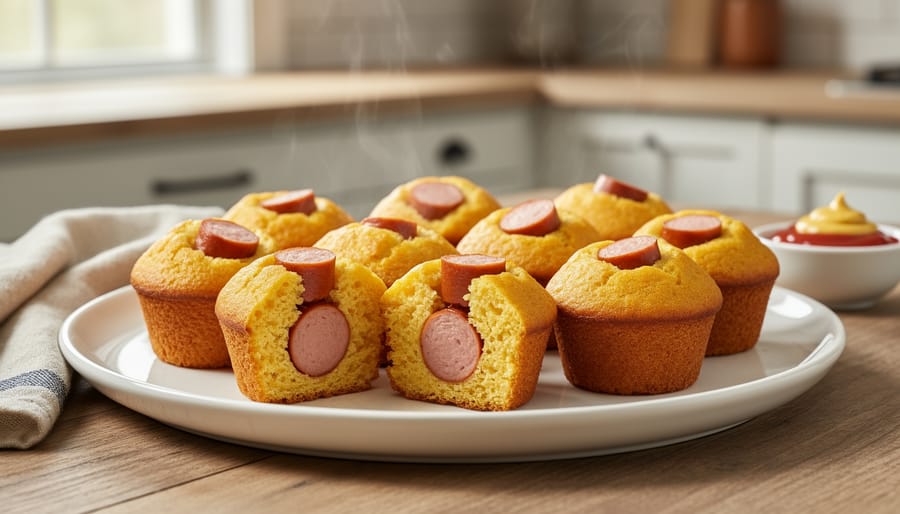 Mini corn dog muffins on a serving tray with ketchup and mustard on the side