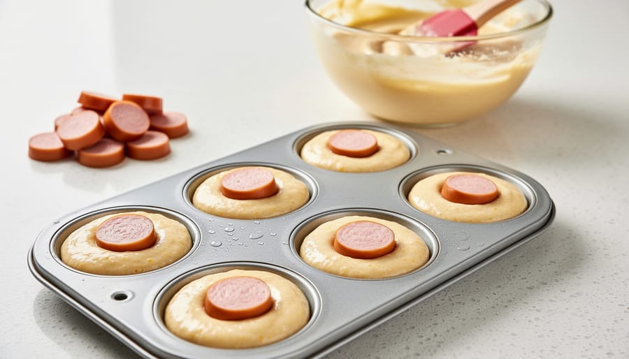 Mini muffin tin with cornbread batter and hot dog pieces being prepared